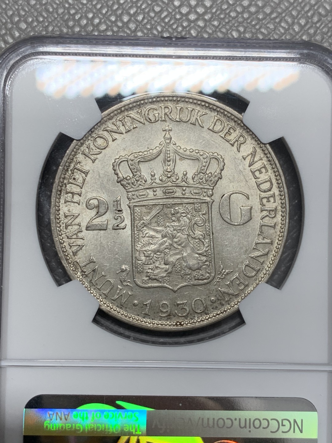 《竞宝斋》第125场-周日，周一 ，2场连拍（全场包邮） NGC-MS62 1930年 荷兰威廉明娜女王2.5盾大银币，少见年份，原光好品，标签有误