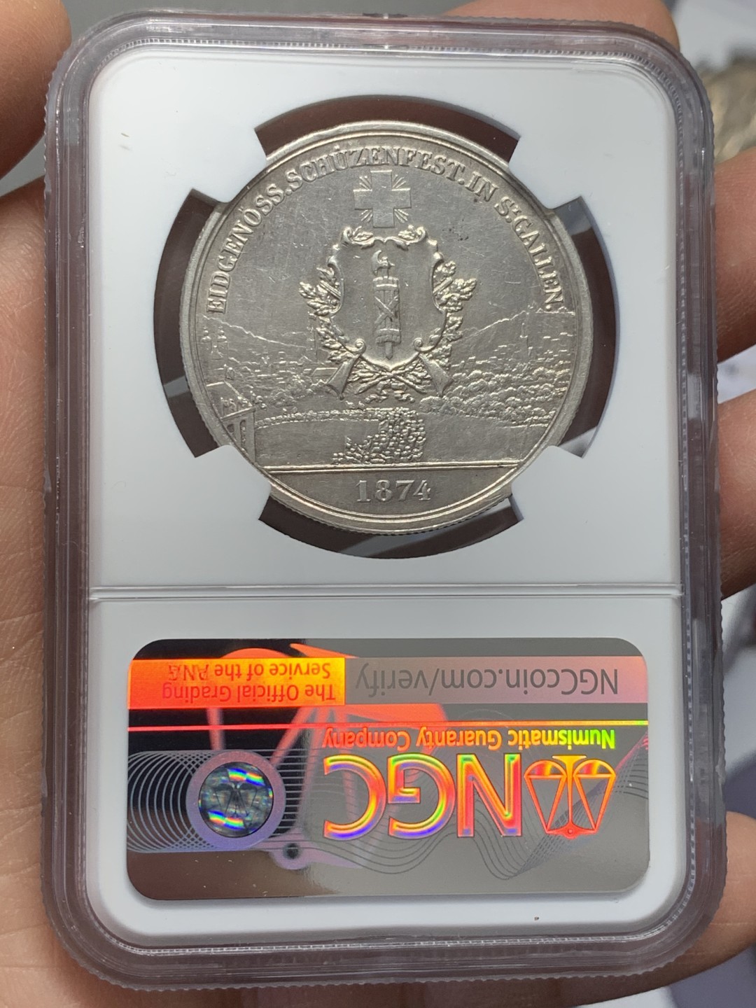 《竞宝斋》第125场-周日，周一 ，2场连拍（全场包邮） NGC UNC 瑞士 1874年 射击节5法郎银币 五官清晰未磨损