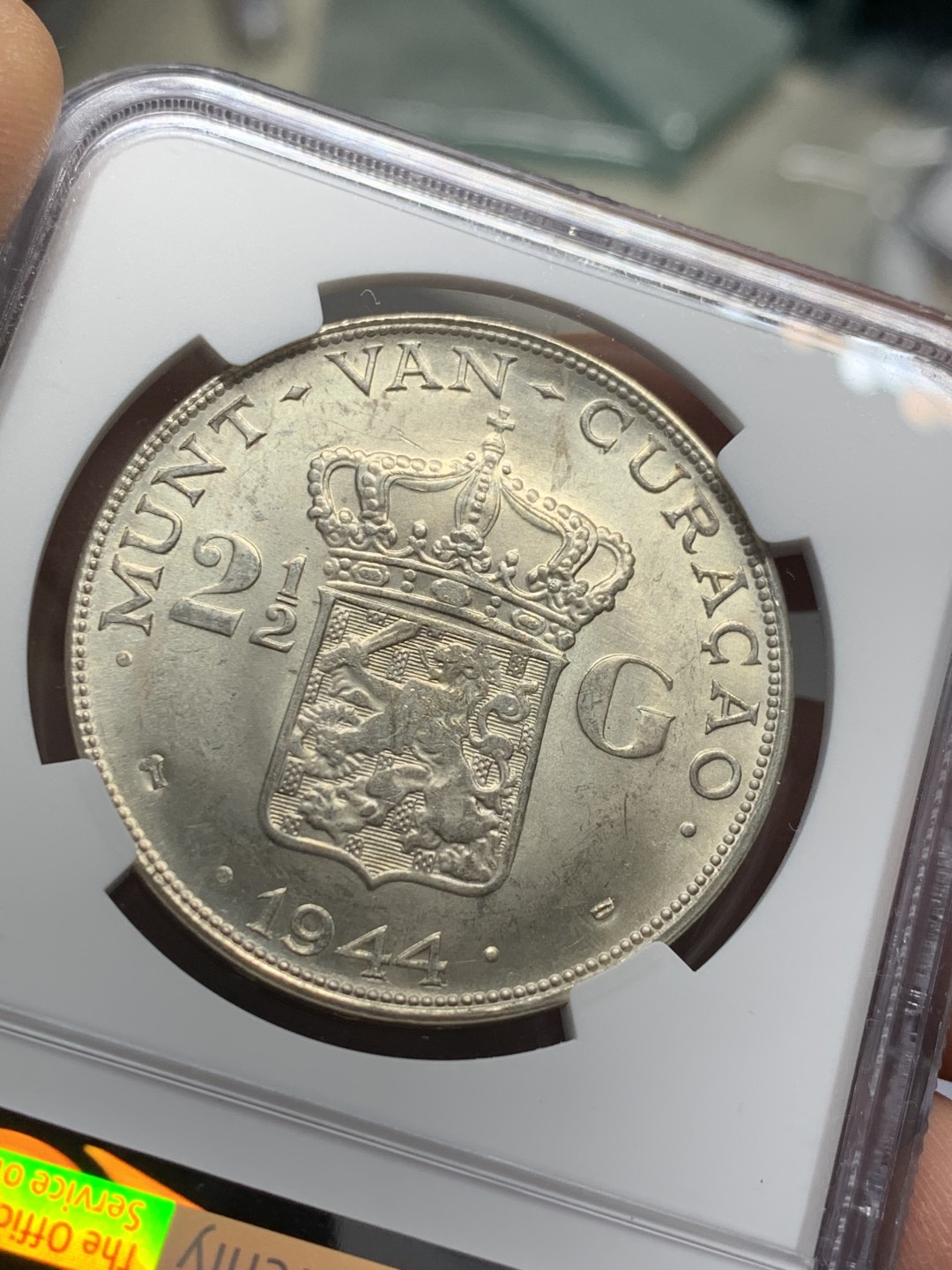 《竞宝斋》第125场-周日，周一 ，2场连拍（全场包邮） NGC-MS64 荷属库拉索群岛 1944年 威廉米娜女王2.5盾 大银币 原光好品 殖民地系列品种