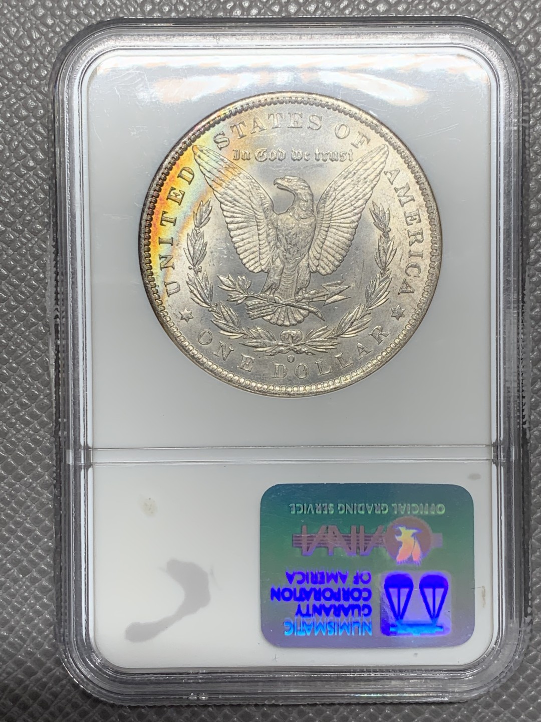 《竞宝斋》第125场-周日，周一 ，2场连拍（全场包邮） NGC-MS64 美国 1885年 1美元 摩根银币 NGC老盒 小彩虹包浆