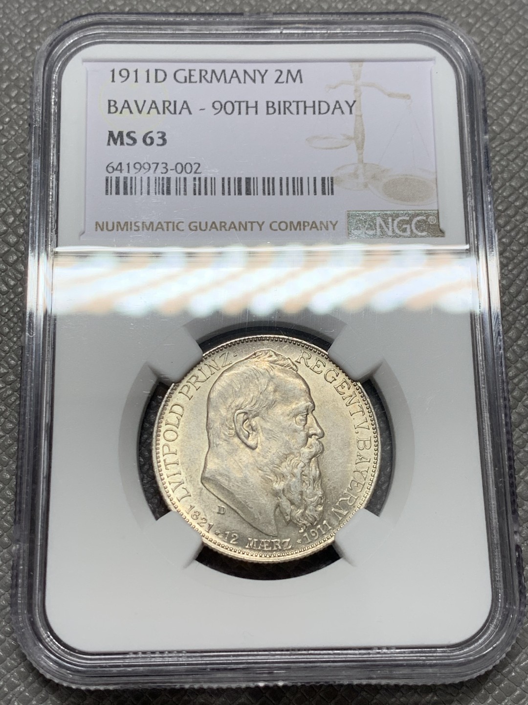 《竞宝斋》第125场-周日，周一 ，2场连拍（全场包邮） NGC-MS63 德国巴伐利亚1911年90岁大寿纪念2马克银币