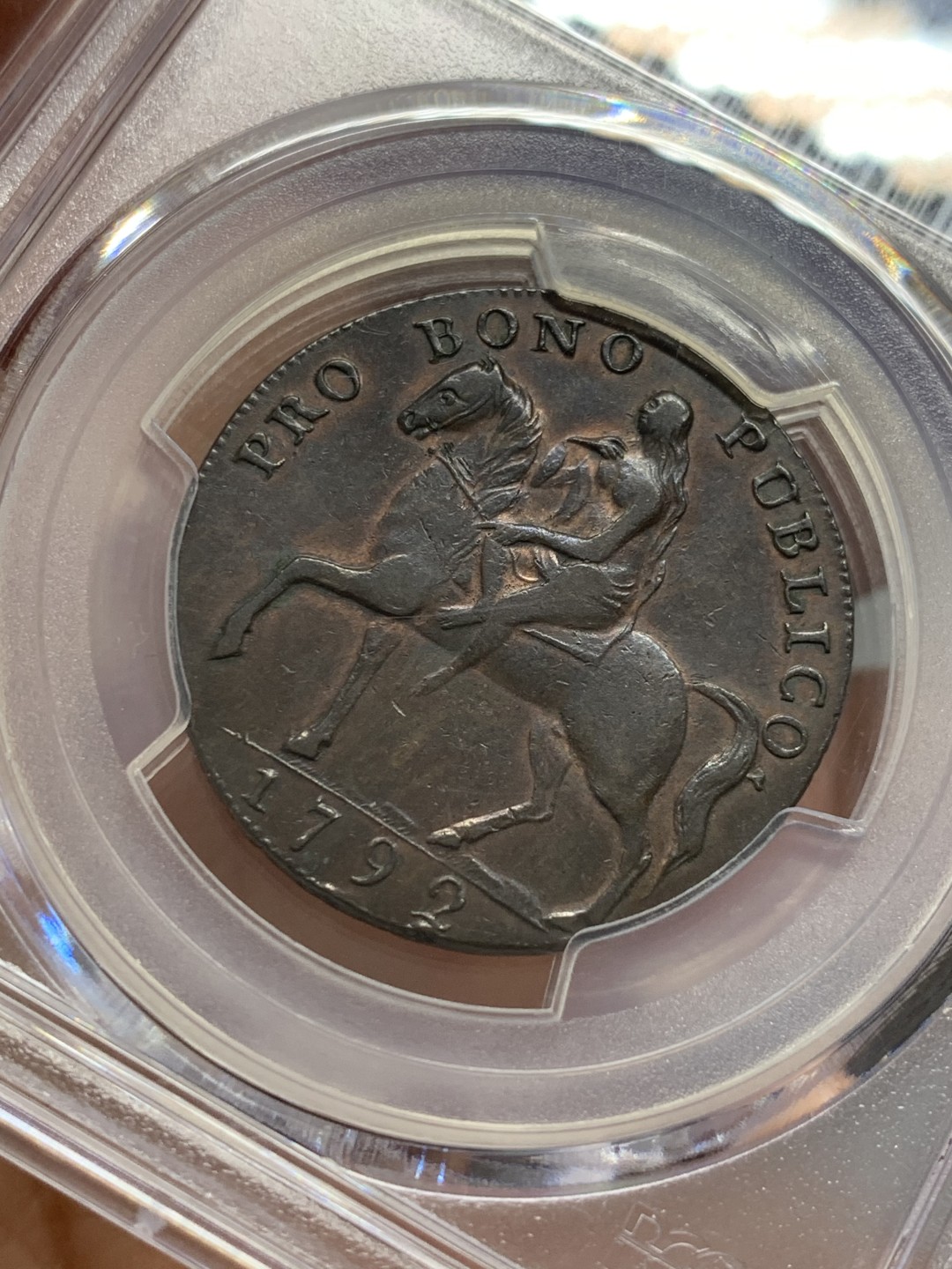 《竞宝斋》第125场-周日，周一 ，2场连拍（全场包邮） PCGS-XF40 1792年 英国沃里克郡戈黛娃夫人1/2便士Token，。马背上的戈黛娃，英系经典。发丝马鬃清晰，铜光犹存。此版稀见，R级珍惜度