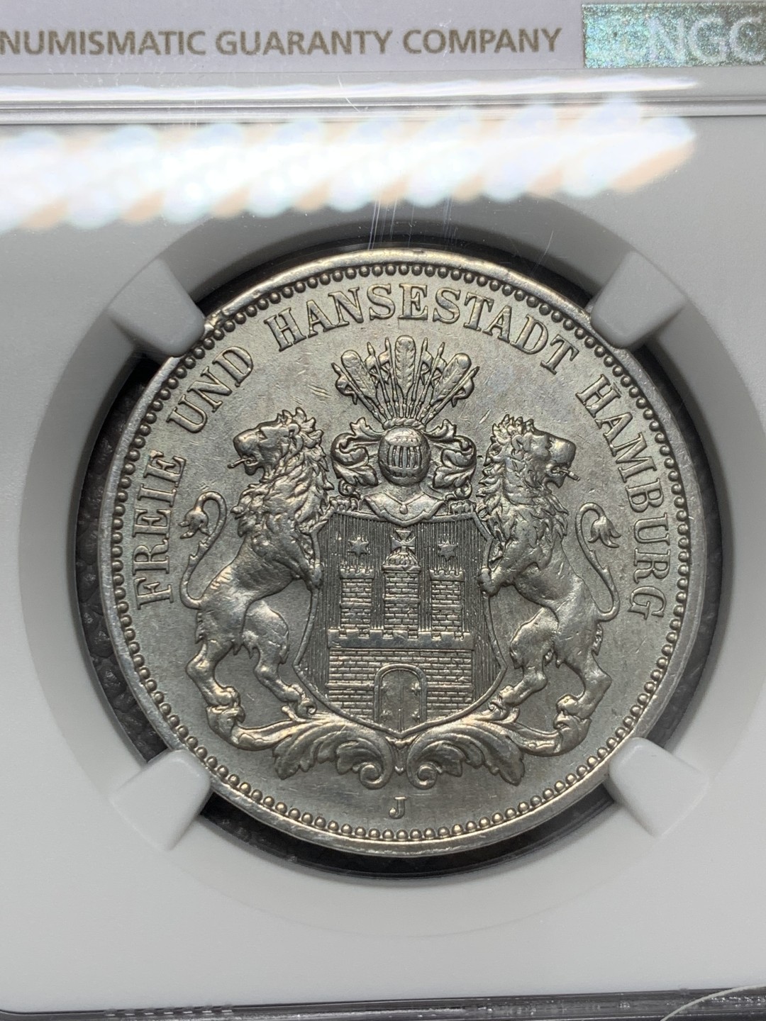 《竞宝斋》第125场-周日，周一 ，2场连拍（全场包邮） NGC AU 德国 1912年J版 汉堡 双狮 3马克 银币