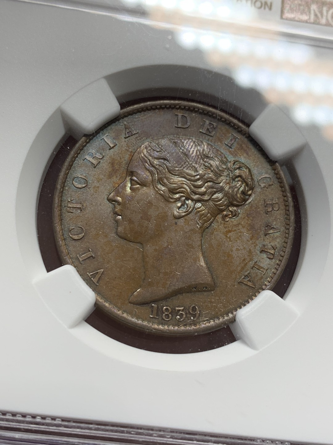 《竞宝斋》第125场-周日，周一 ，2场连拍（全场包邮） NGC-MS63BN 英属马恩岛 1839年 维多利亚女王1/2便士 币面有五彩 转光明显 少见品种 高分好状态 收藏佳品
