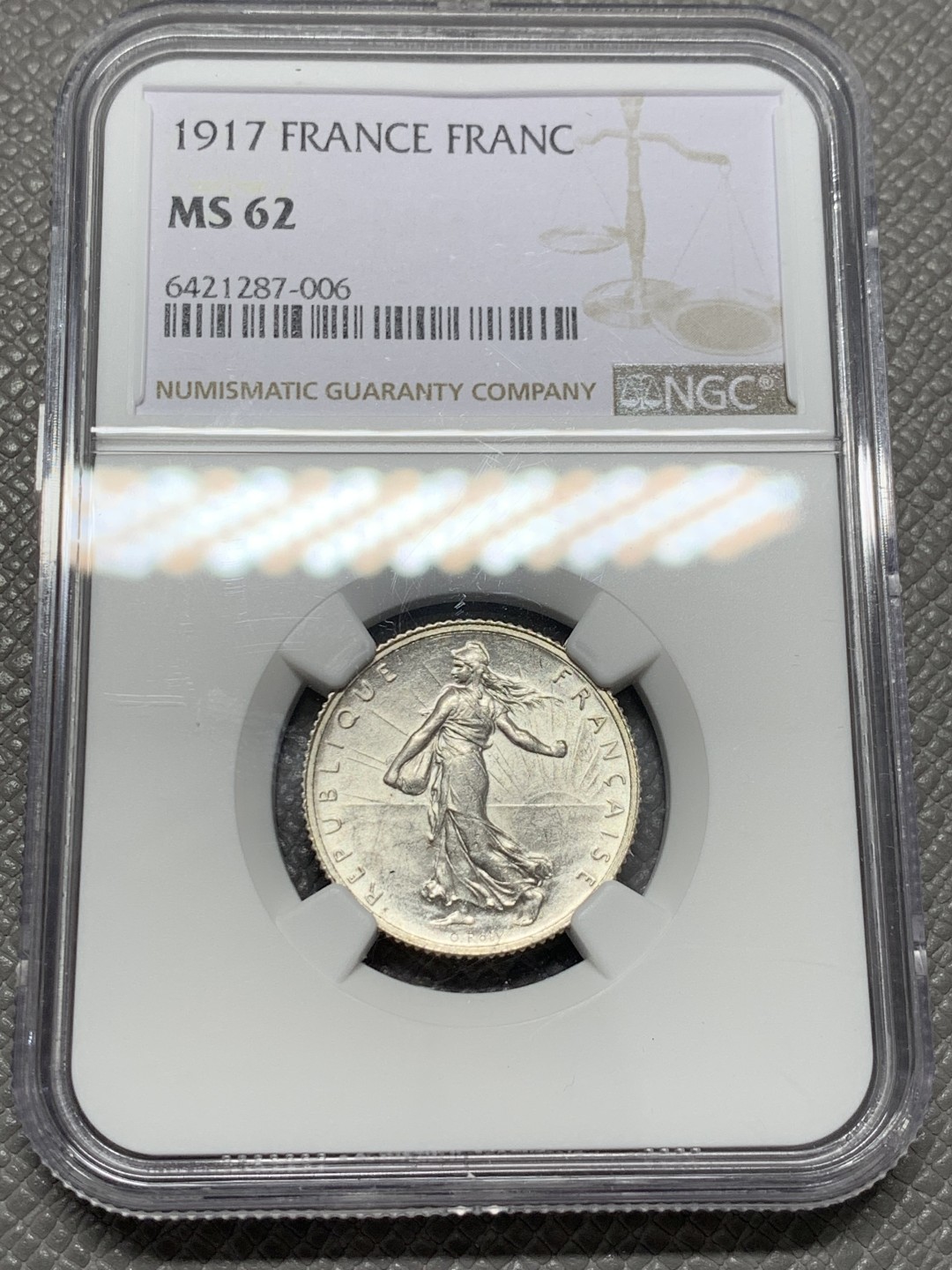 《竞宝斋》第125场-周日，周一 ，2场连拍（全场包邮） NGC MS62 法国 1917年 1法郎 银币 状态好