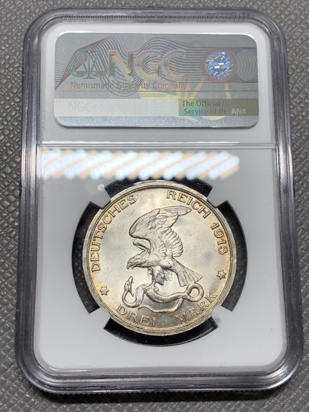 《竞宝斋》第125场-周日，周一 ，2场连拍（全场包邮） NGC-MS64 德国普鲁士1913年击败拿破仑纪念3马克银币