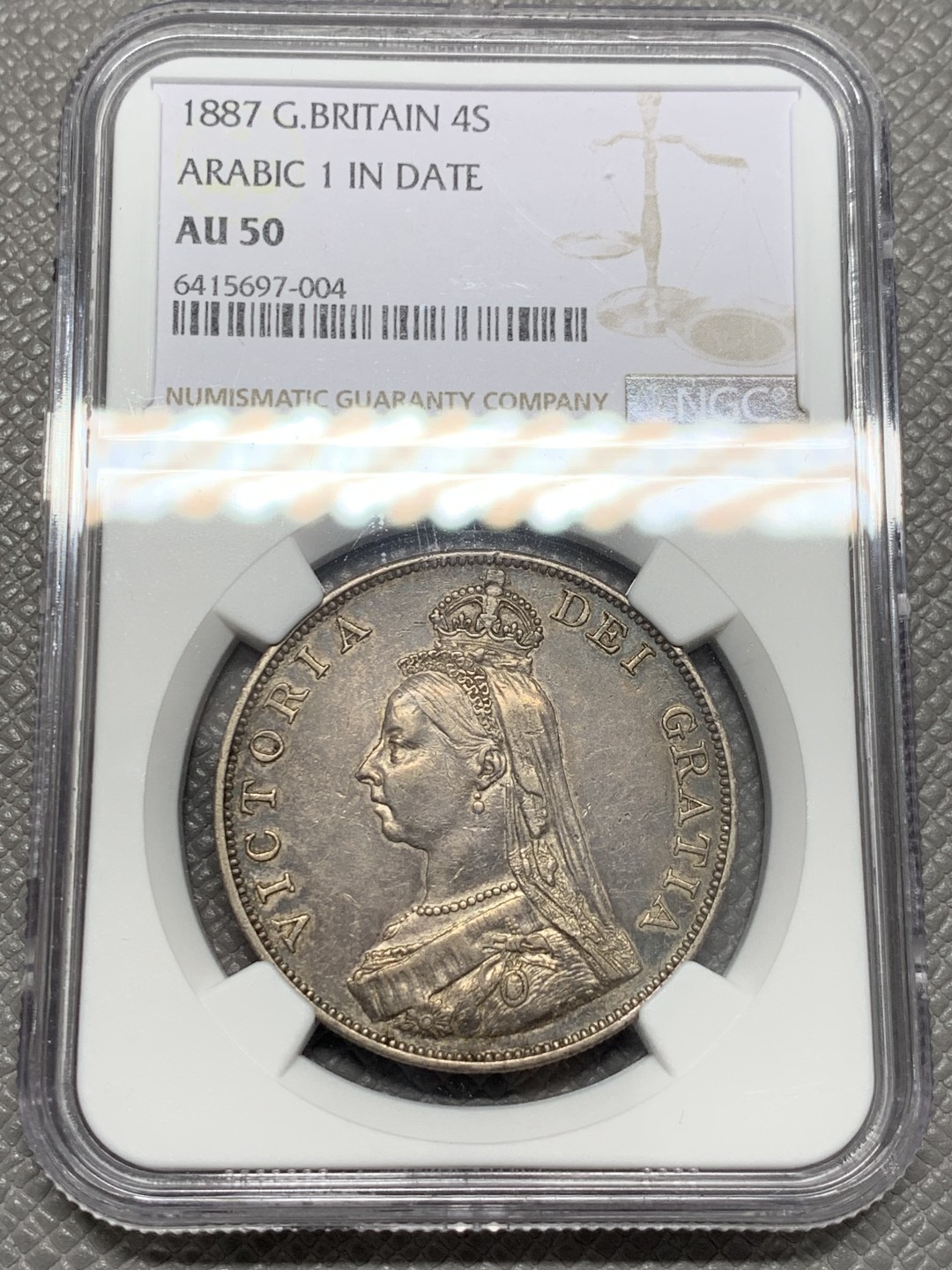 《竞宝斋》第125场-周日，周一 ，2场连拍（全场包邮） NGC AU50 英国1887年维多利亚高冠双弗洛林大银币黑彩阿拉伯体