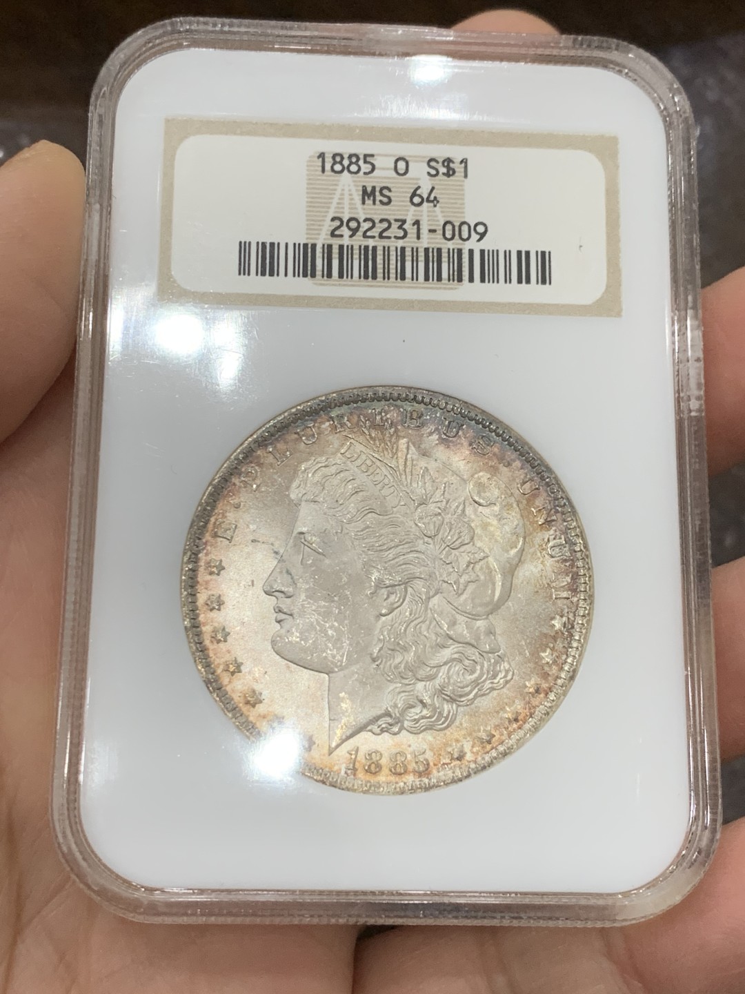 《竞宝斋》第125场-周日，周一 ，2场连拍（全场包邮） NGC MS64 美国1885年 摩根银币 炫丽包浆 十字曝光 值得收藏