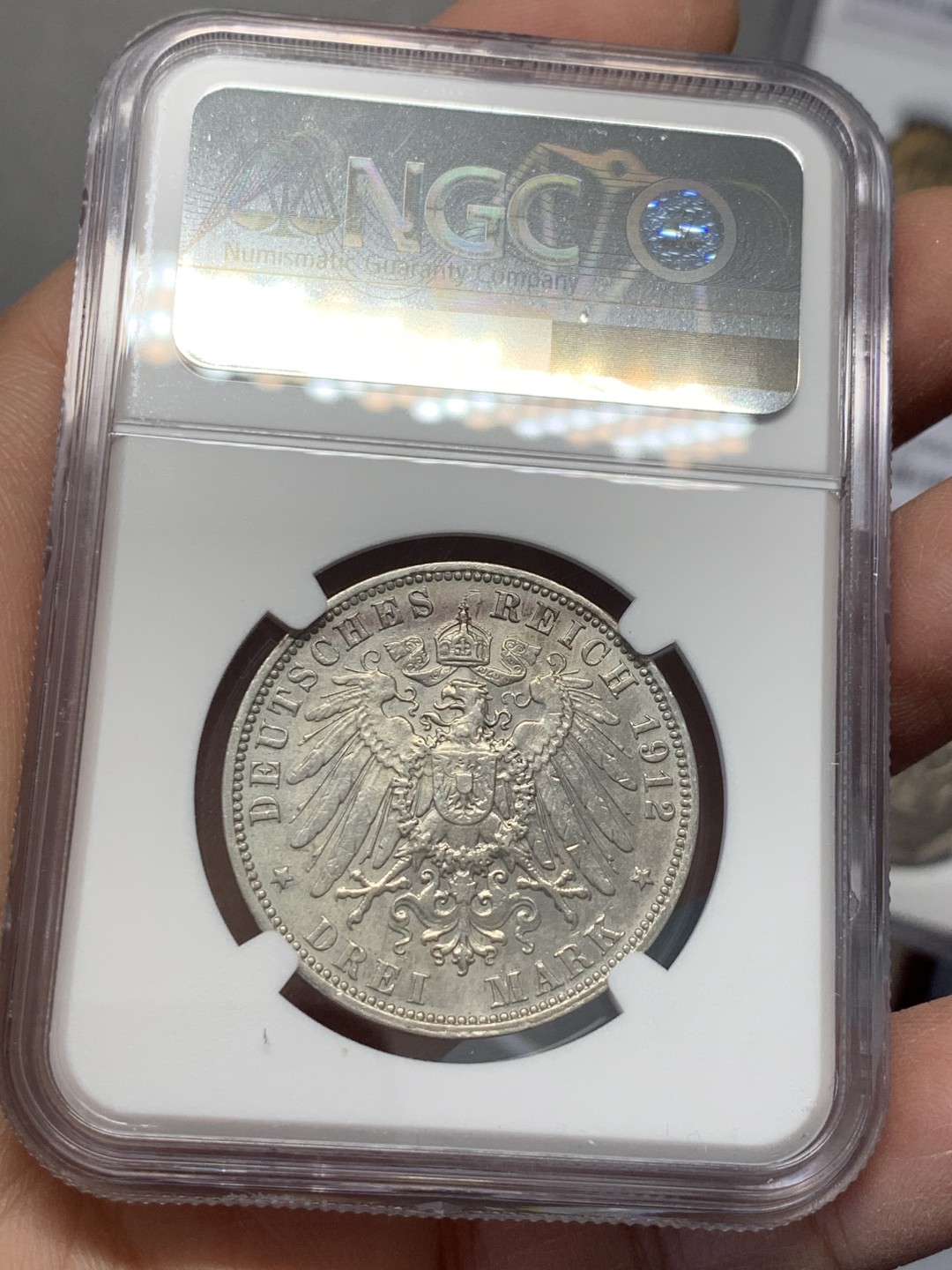 《竞宝斋》第125场-周日，周一 ，2场连拍（全场包邮） NGC AU 德国 1912年J版 汉堡 双狮 3马克 银币