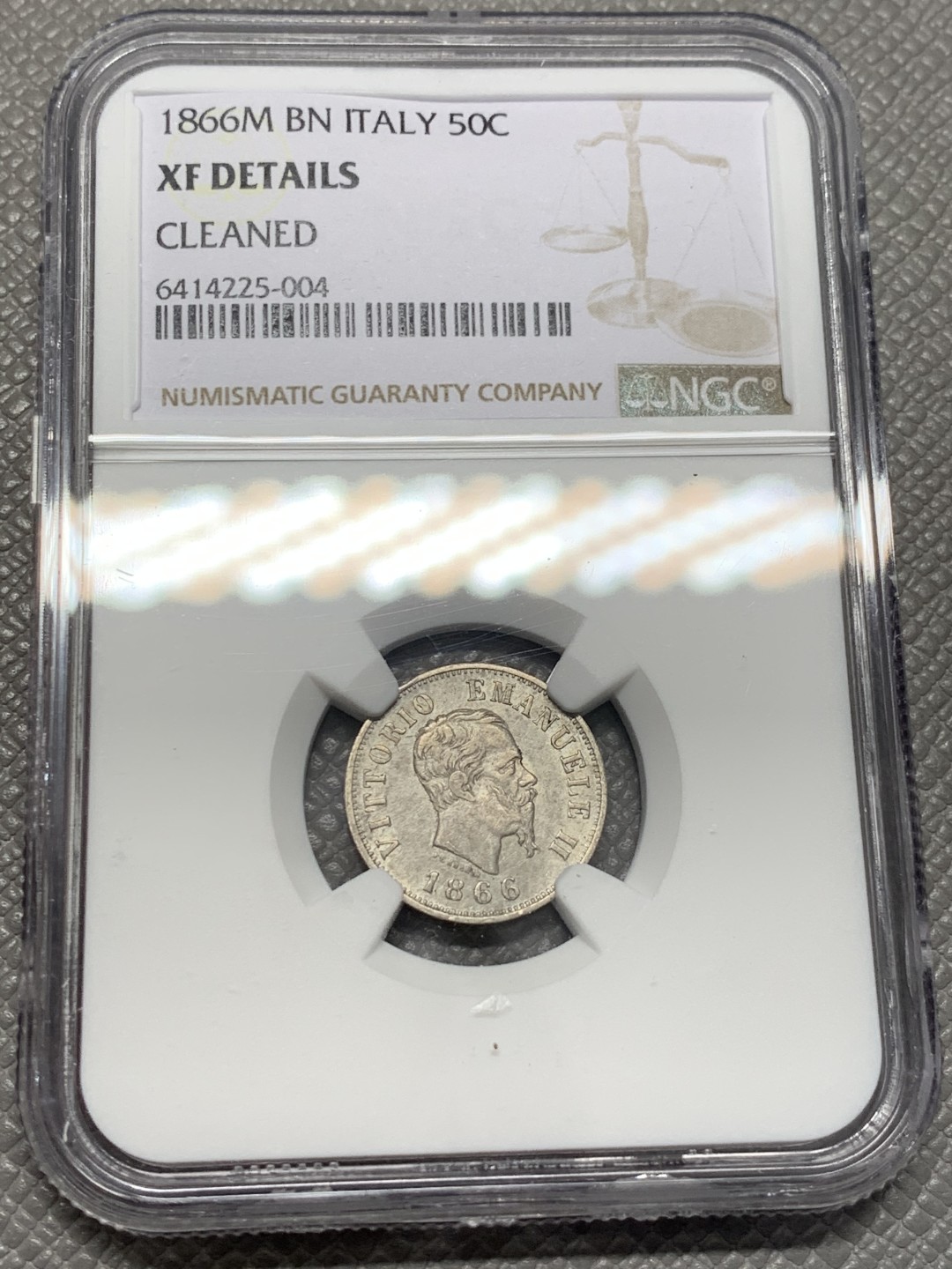 《竞宝斋》第125场-周日，周一 ，2场连拍（全场包邮） NGC XFD 1866年意大利50分 少见的辅币品种，特年，克书XF价190刀