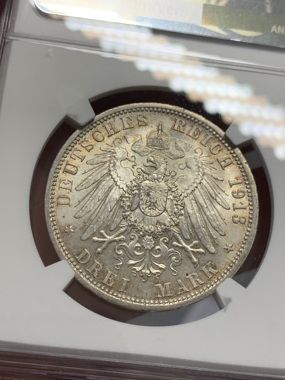 《竞宝斋》第125场-周日，周一 ，2场连拍（全场包邮） NGC-MS62 德国普鲁士1913年威廉二世在位25周年纪念3马克银币