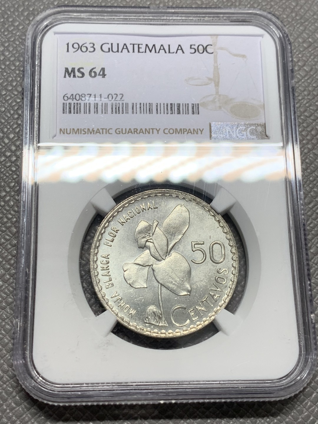《竞宝斋》第125场-周日，周一 ，2场连拍（全场包邮） NGC-MS64 危地马拉1963年 50分银币 顶级原光好品