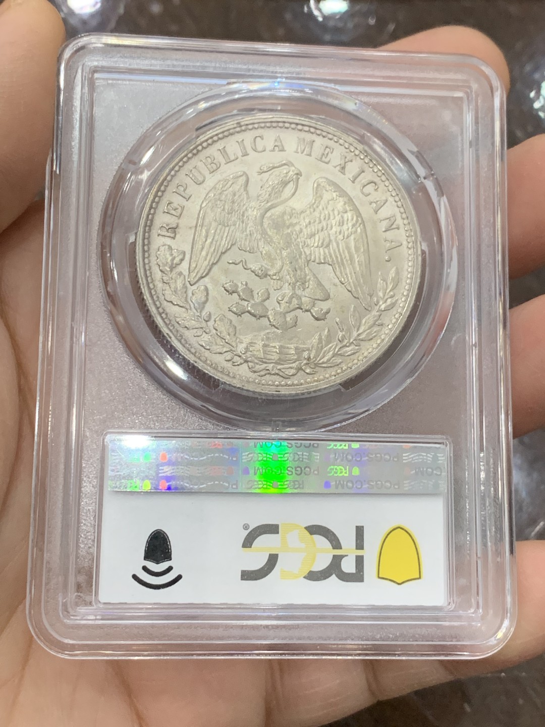 《竞宝斋》第125场-周日，周一 ，2场连拍（全场包邮） PCGS MS63 墨西哥 1898年 直边鹰洋 大银币 状态好 转光明显（资料显示该版本为1949年铸造）