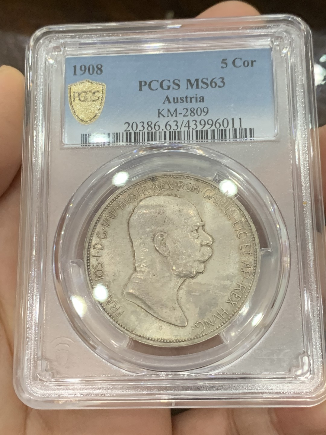 《竞宝斋》第125场-周日，周一 ，2场连拍（全场包邮） PCGS MS63奥地利 1908年 5克朗 弗朗茨在位60周年 奔跑的女人 奥匈经典上涨品种