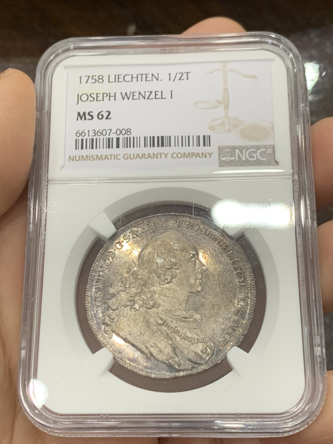 《竞宝斋》第125场-周日，周一 ，2场连拍（全场包邮） NGC MS62 列支敦士登1758  1/2泰勒，亲王用于宣示主权和馈赠贵族，并不用于流通。单年版，最高分，发行量900枚。HA61分的1680美元