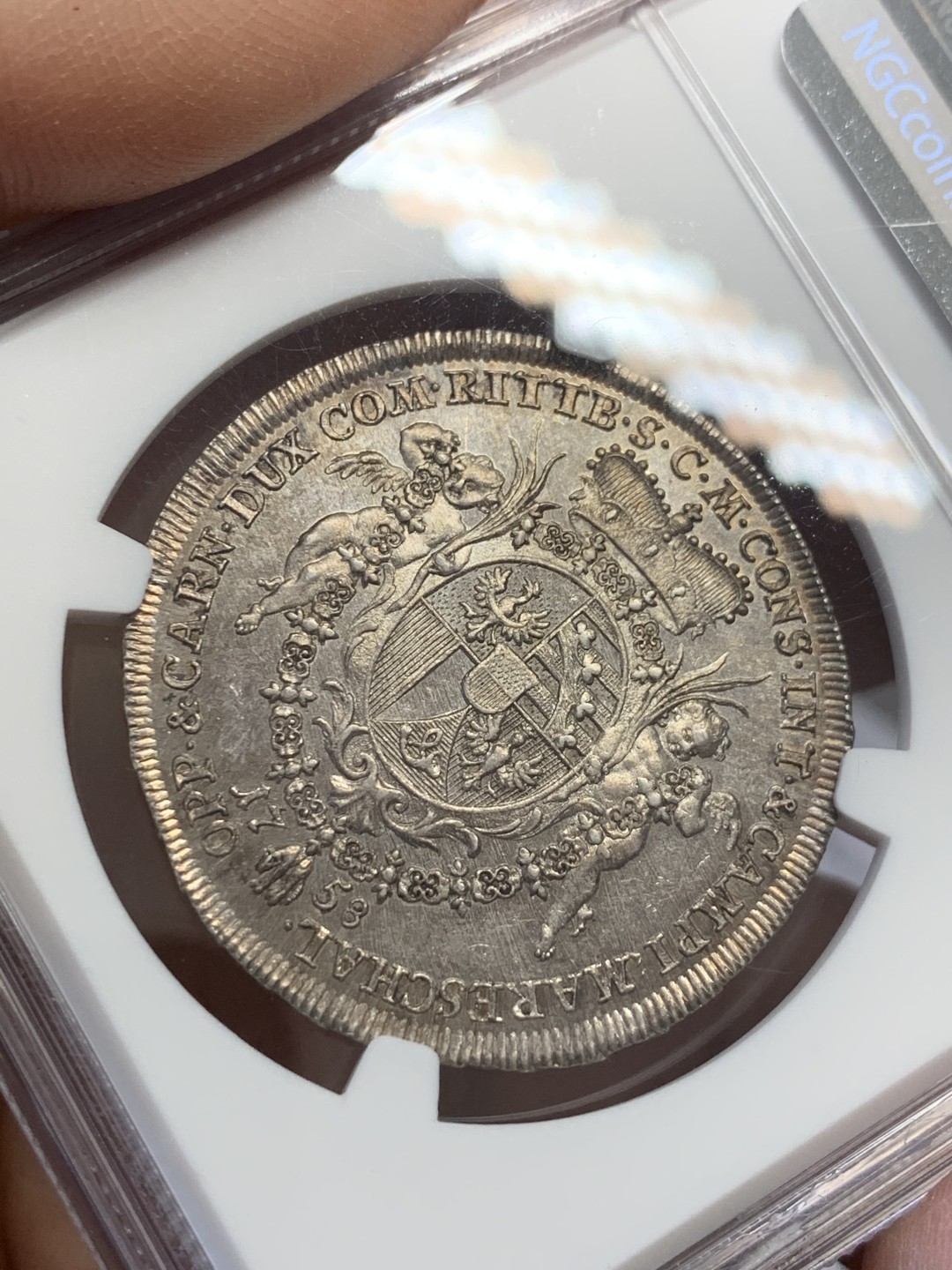 《竞宝斋》第125场-周日，周一 ，2场连拍（全场包邮） NGC MS62 列支敦士登1758  1/2泰勒，亲王用于宣示主权和馈赠贵族，并不用于流通。单年版，最高分，发行量900枚。HA61分的1680美元