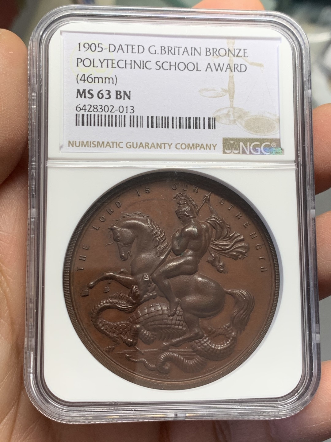 《竞宝斋》第125场-周日，周一 ，2场连拍（全场包邮） NGC MS63 1905年英国 圣乔治屠龙铜章 名家作品 品相状态一流
