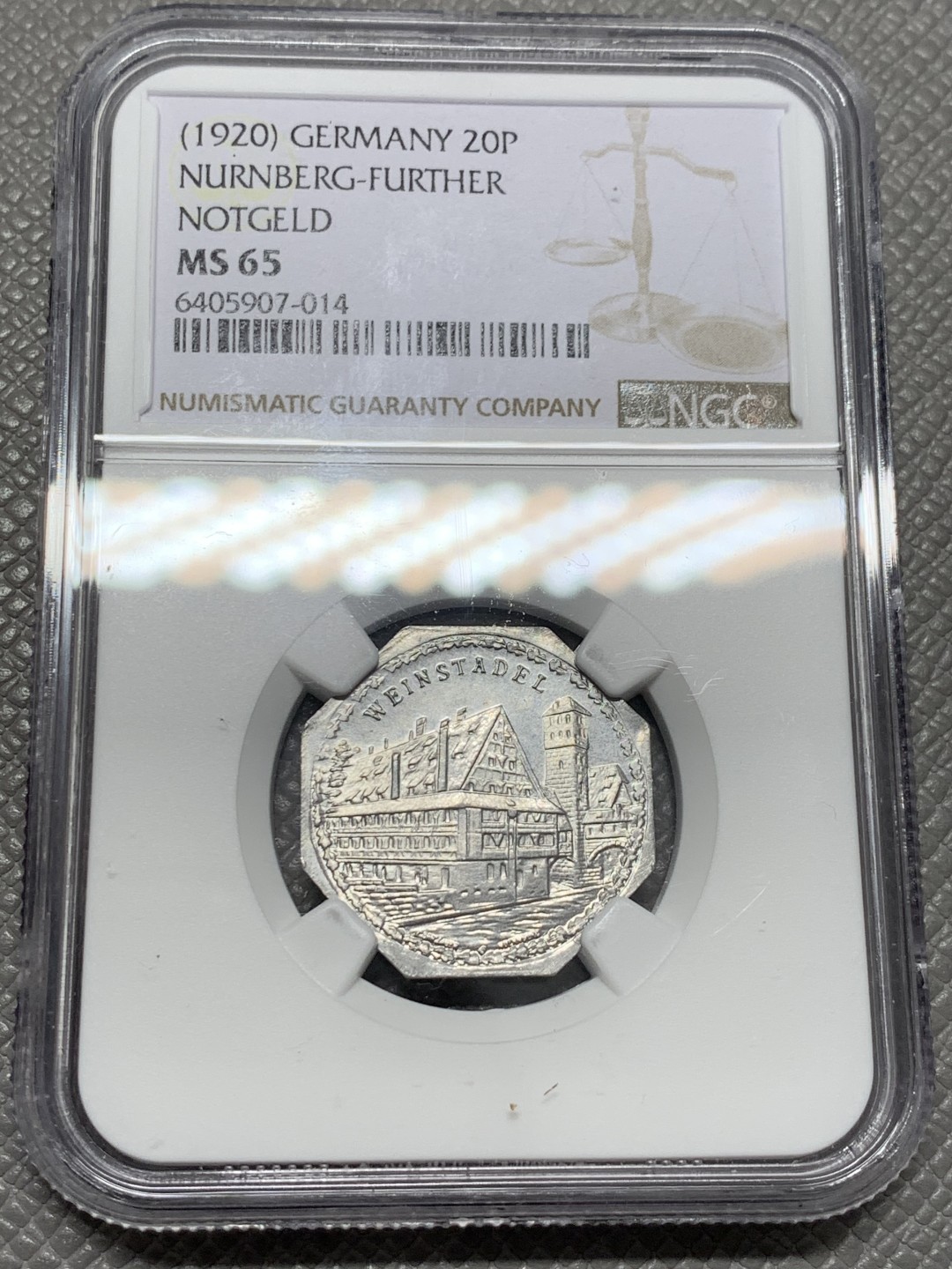 《竞宝斋》第125场-周日，周一 ，2场连拍（全场包邮） NGC-MS65 德国紧急状态货币 1920年纽伦堡八角电车代币 景观不错