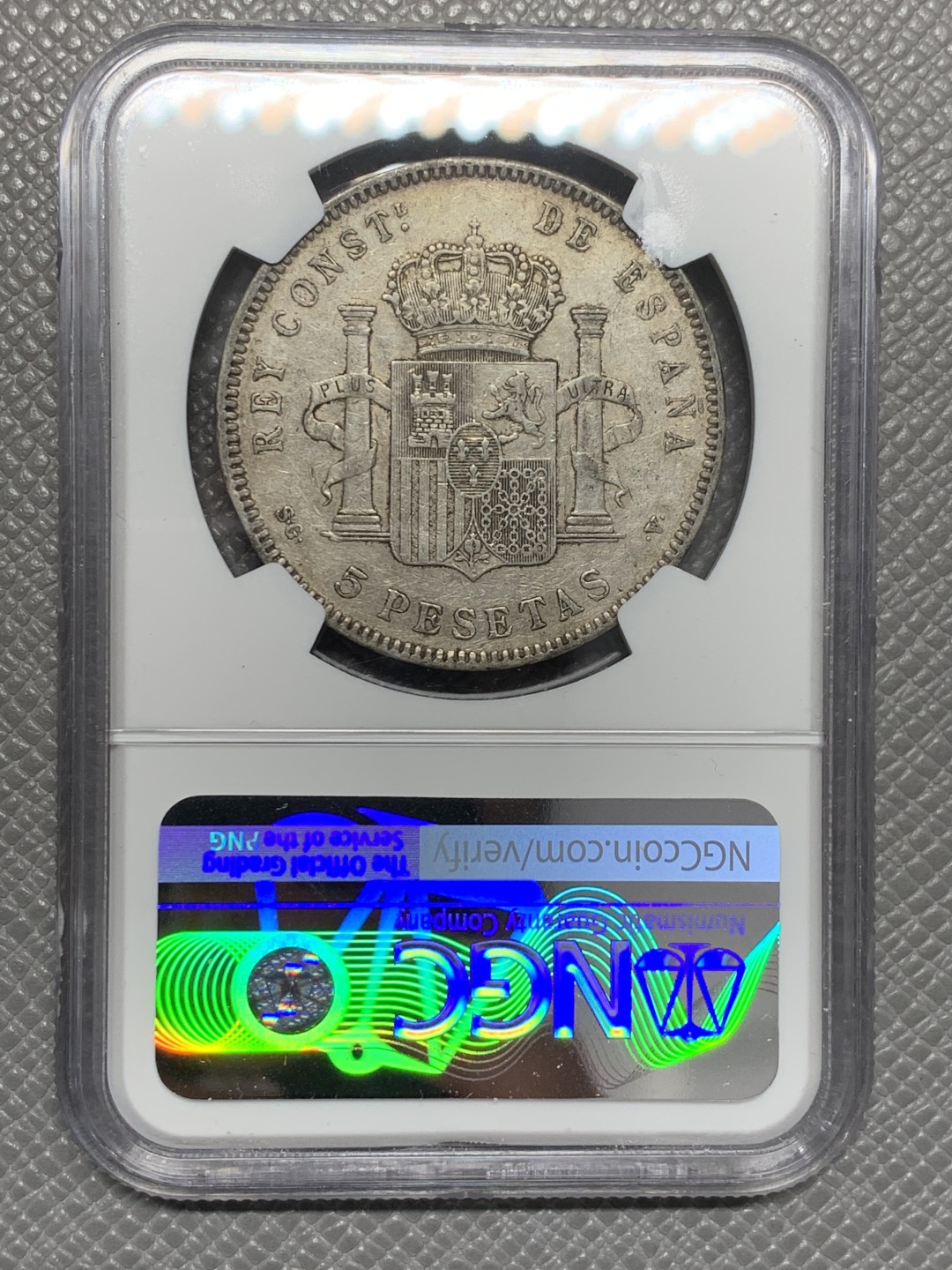 《竞宝斋》第125场-周日，周一 ，2场连拍（全场包邮） NGC-AU50 西班牙1898年 阿方索十三世 5比塞塔双柱大银币 原味好品