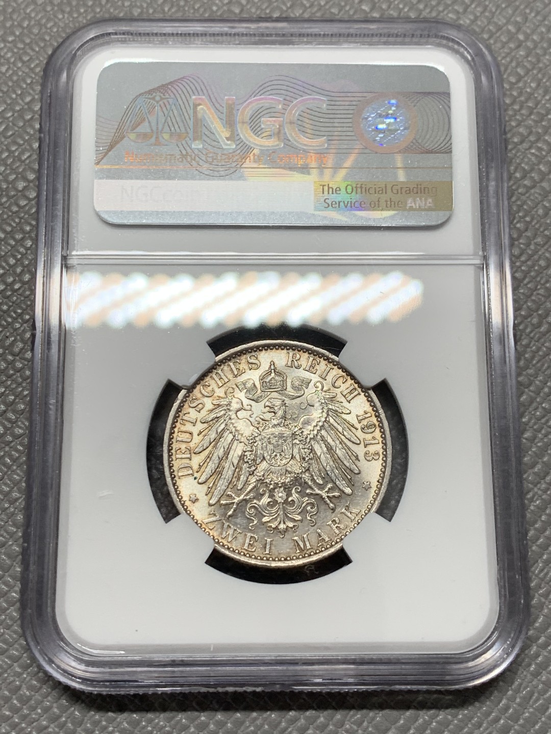 《竞宝斋》第125场-周日，周一 ，2场连拍（全场包邮） NGC-MS62 德国普鲁士1913年威廉二世在位25周年纪念2马克银币