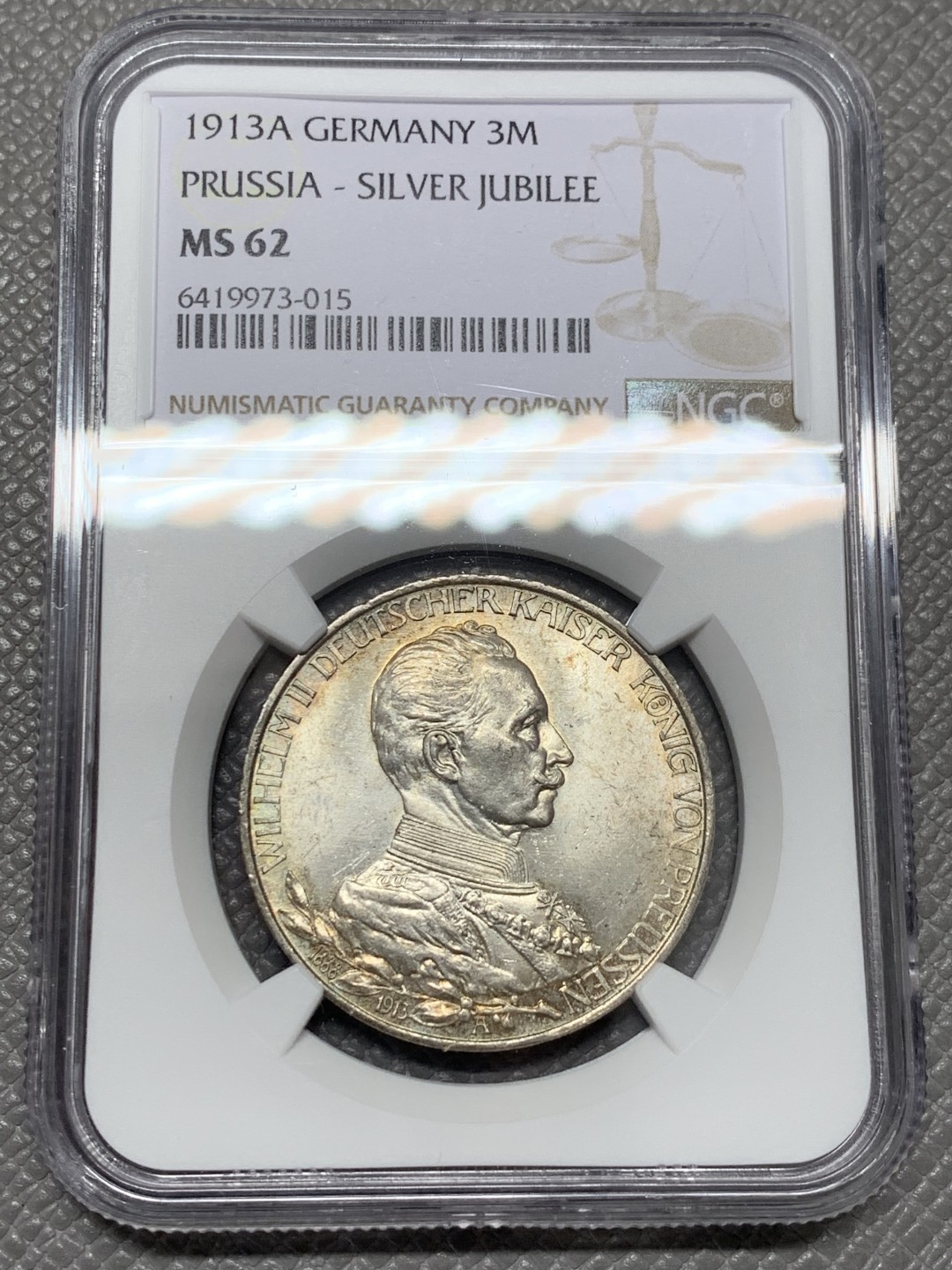 《竞宝斋》第125场-周日，周一 ，2场连拍（全场包邮） NGC-MS62 德国普鲁士1913年威廉二世在位25周年纪念3马克银币