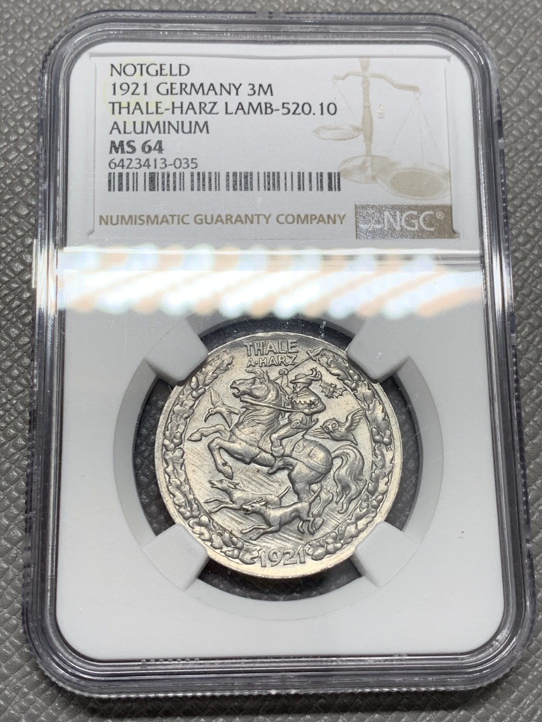 《竞宝斋》第125场-周日，周一 ，2场连拍（全场包邮） NGC-MS64  德国 1921 塔勒哈兹 铝制3马克 德紧名誉品