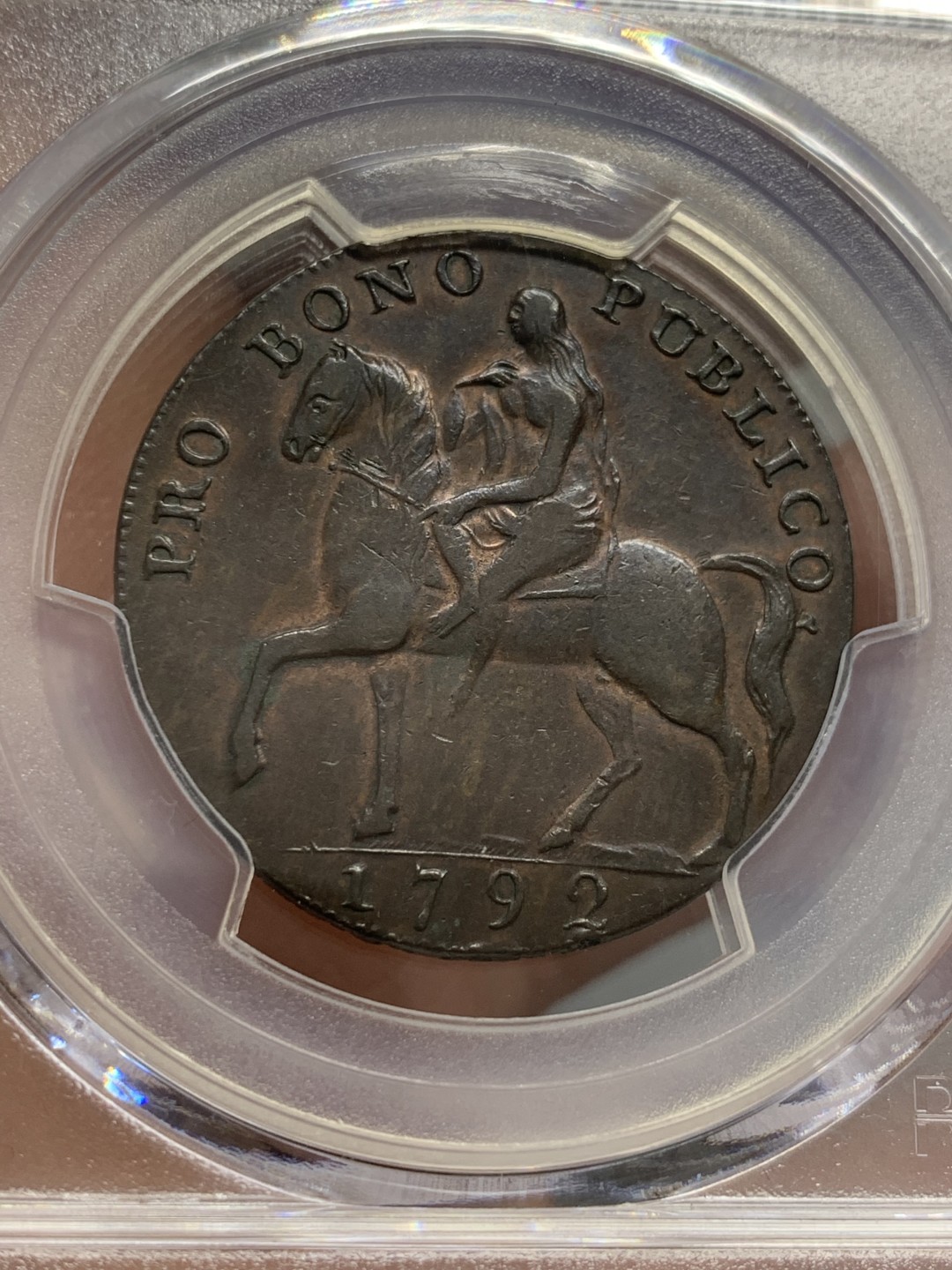《竞宝斋》第125场-周日，周一 ，2场连拍（全场包邮） PCGS-XF40 1792年 英国沃里克郡戈黛娃夫人1/2便士Token，。马背上的戈黛娃，英系经典。发丝马鬃清晰，铜光犹存。此版稀见，R级珍惜度