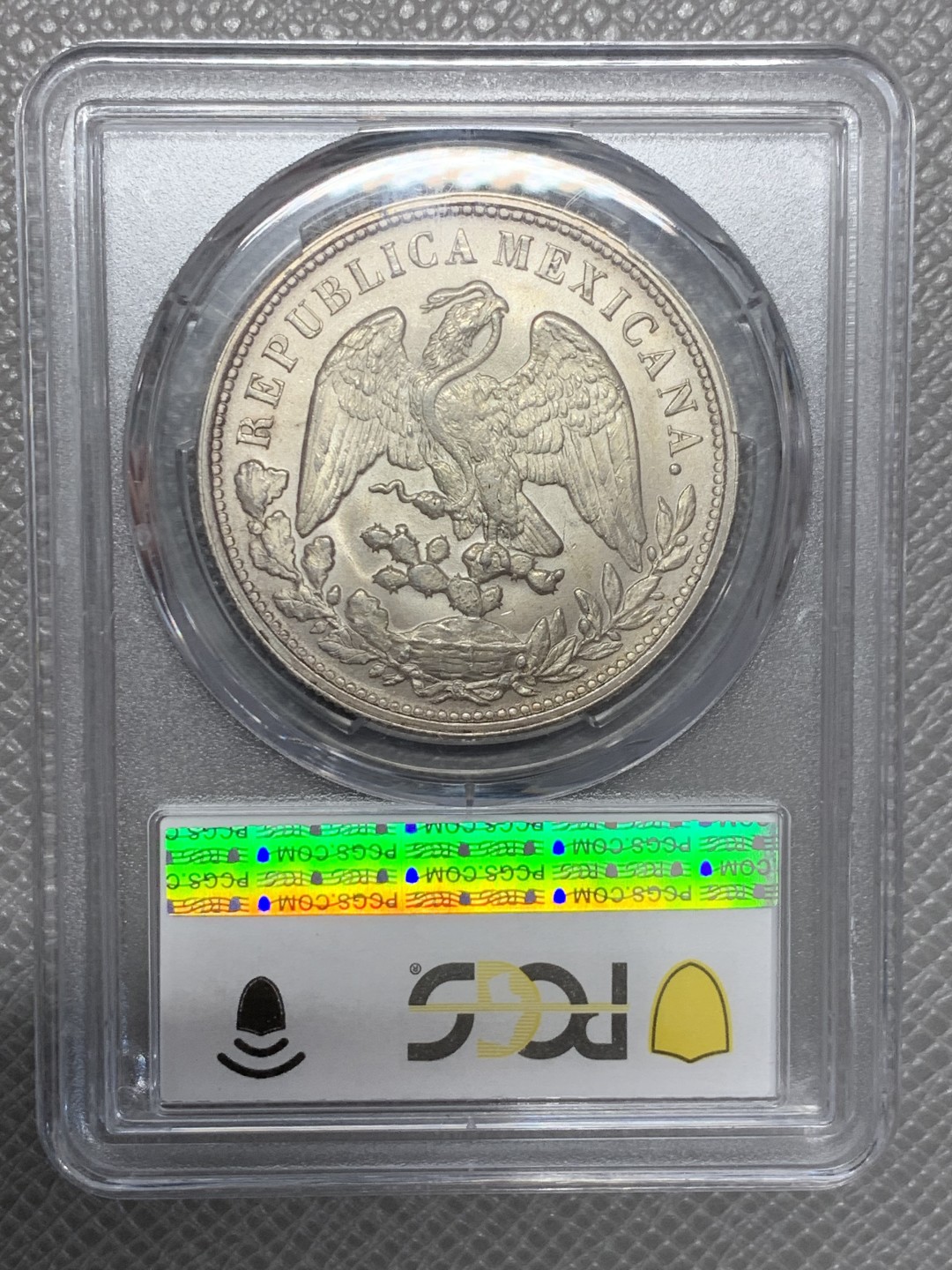 《竞宝斋》第125场-周日，周一 ，2场连拍（全场包邮） PCGS MS63 墨西哥 1898年 直边鹰洋 大银币 状态好 转光明显（资料显示该版本为1949年铸造）