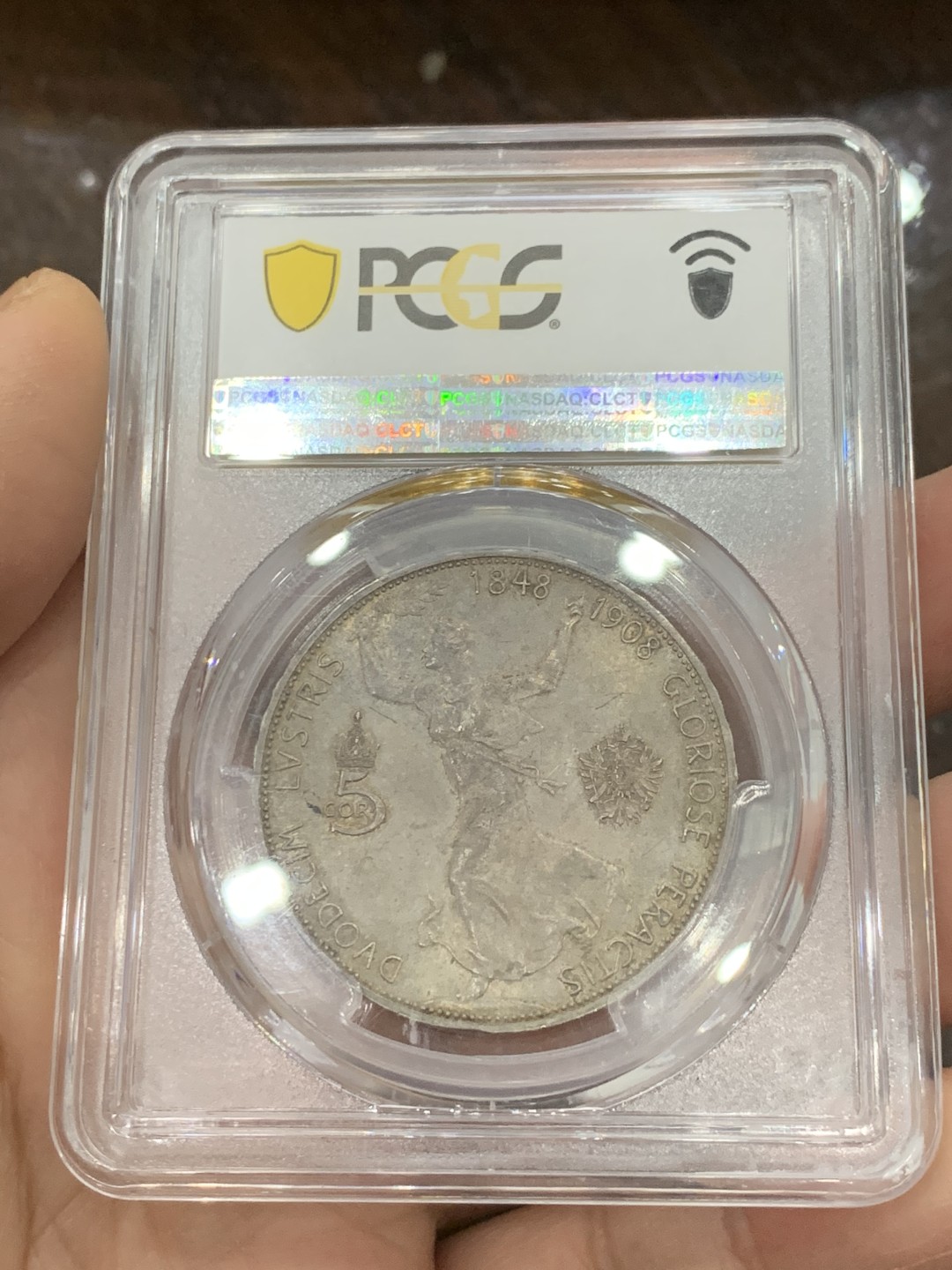 《竞宝斋》第125场-周日，周一 ，2场连拍（全场包邮） PCGS MS63奥地利 1908年 5克朗 弗朗茨在位60周年 奔跑的女人 奥匈经典上涨品种