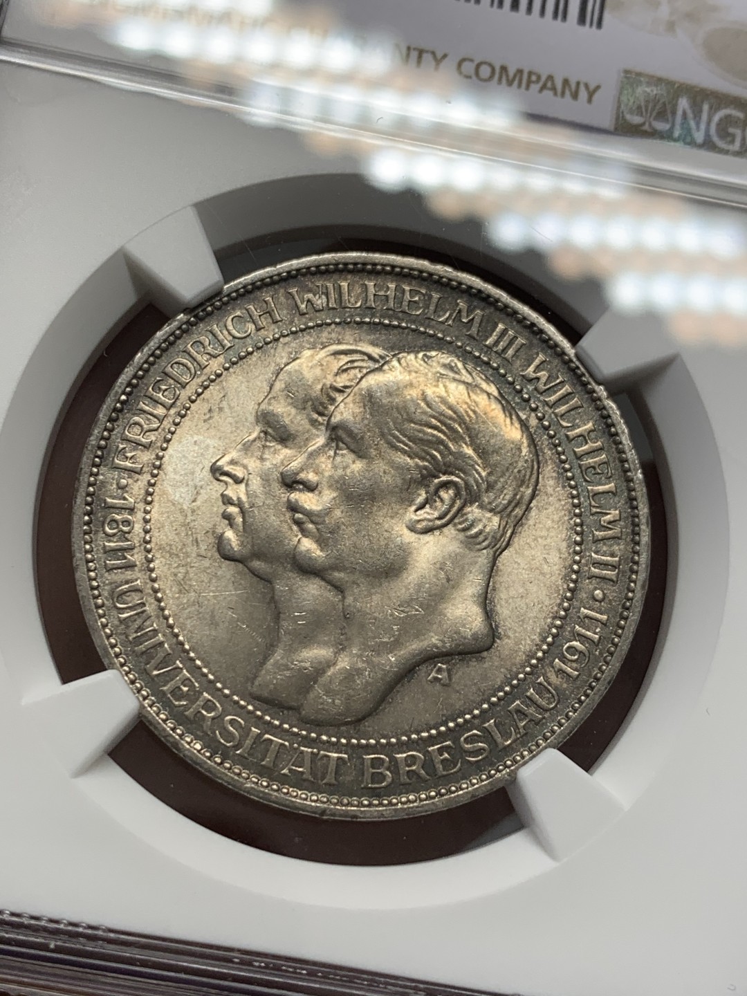 《竞宝斋》第125场-周日，周一 ，2场连拍（全场包邮） NGC-MS63 德国普鲁士1911年布雷斯劳大学纪念3马克银币