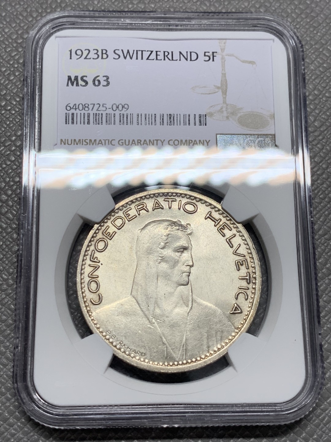 《竞宝斋》第125场-周日，周一 ，2场连拍（全场包邮） NGC-MS63 瑞士1923年 5法郎大银币 淡彩包浆 车轮底光非常漂亮 也是暴涨的品种