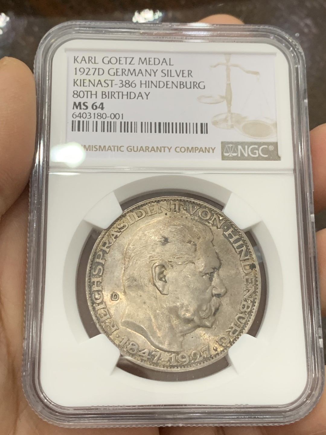 《竞宝斋》第125场-周日，周一 ，2场连拍（全场包邮） NGC-MS64 德国 1927年 兴登堡五马克形制银章 原味转光，雕刻大师卡尔哥茨作品，兴登堡章牌的入门品种