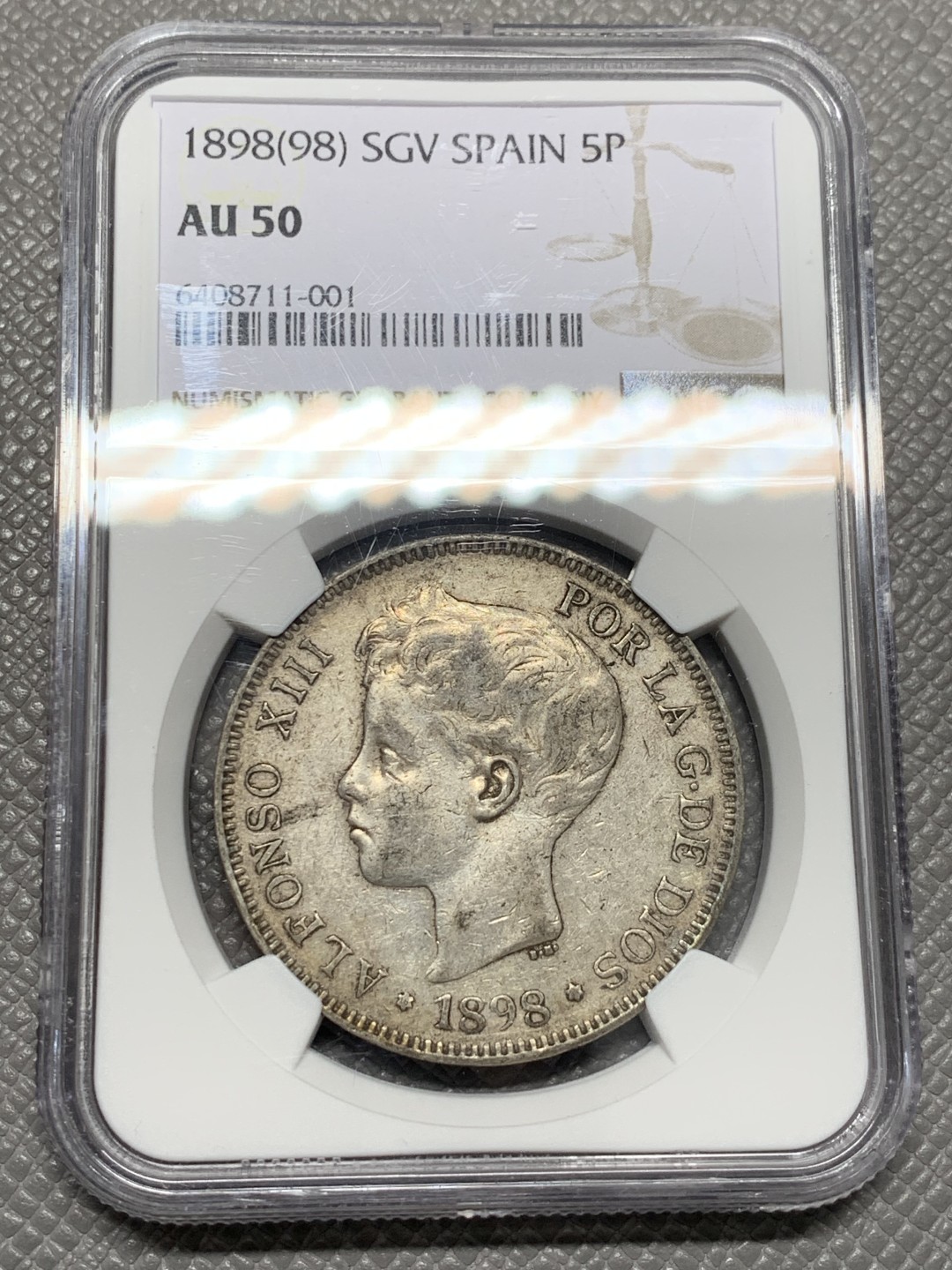 《竞宝斋》第125场-周日，周一 ，2场连拍（全场包邮） NGC-AU50 西班牙1898年 阿方索十三世 5比塞塔双柱大银币 原味好品