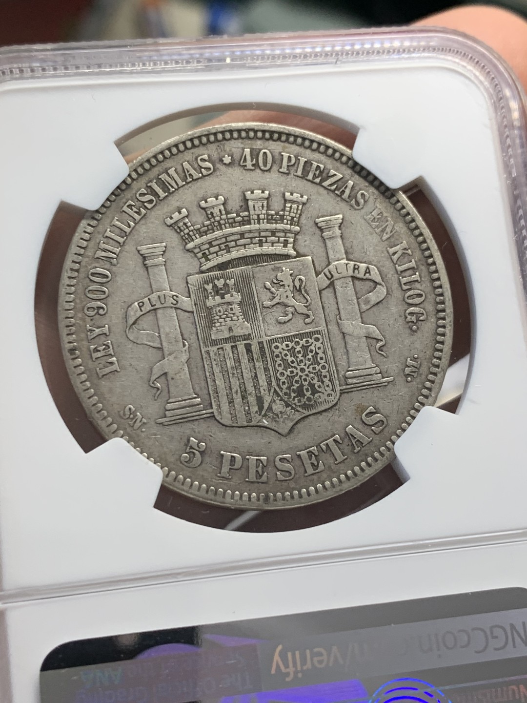 《竞宝斋》第125场-周日，周一 ，2场连拍（全场包邮） NGC-XF40 西班牙1870年 坐人拿花 5比塞塔大银币 原味好品