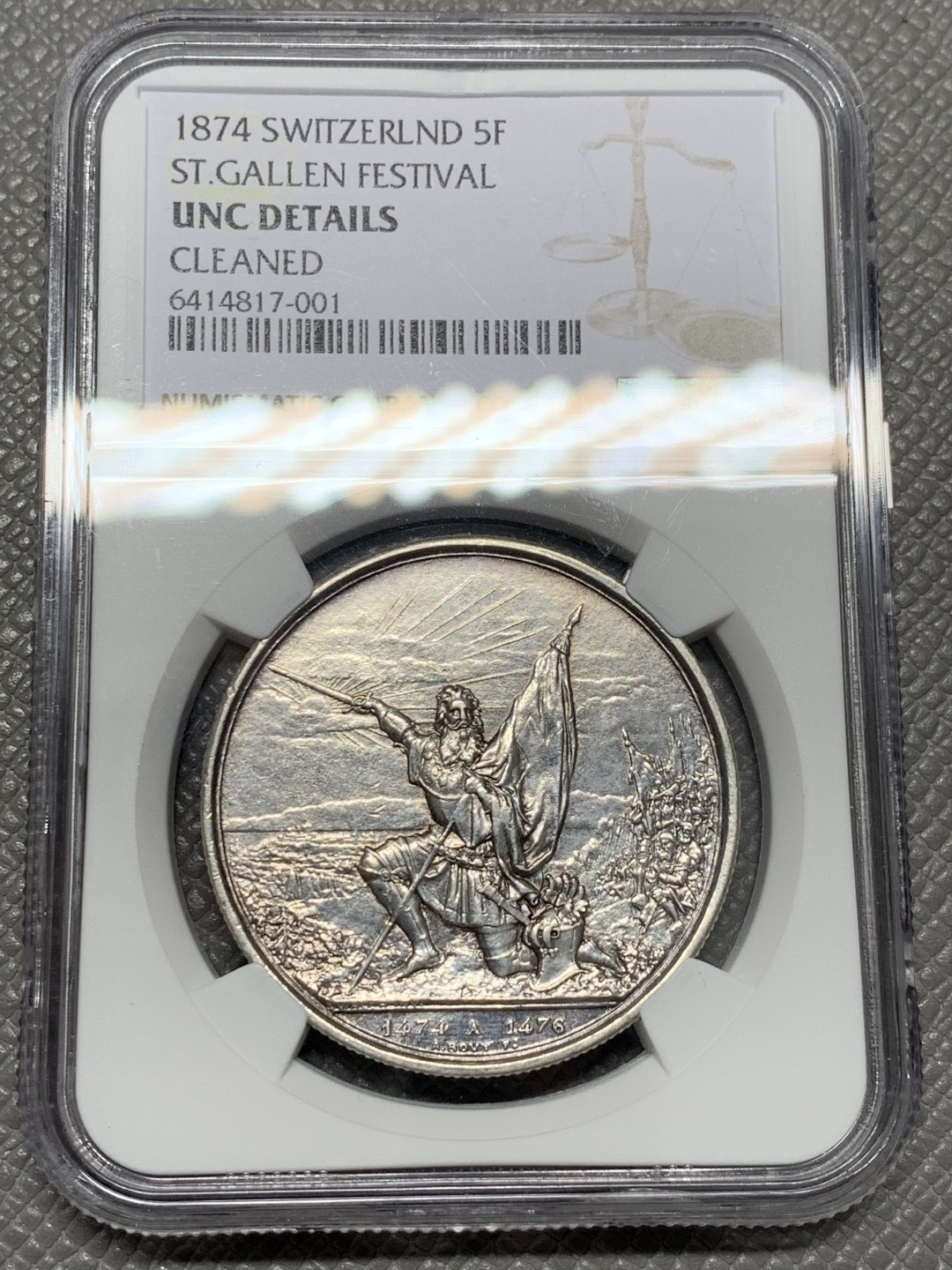 《竞宝斋》第125场-周日，周一 ，2场连拍（全场包邮） NGC UNC 瑞士 1874年 射击节5法郎银币 五官清晰未磨损