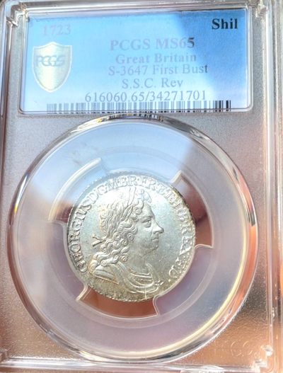 【Blue Auction】✨2022平安夜金银币特别场(总268期） - 【冠军分】英国 乔治一世 1723年 1先令 银币 PCGS MS65 顶级状态 非常精美