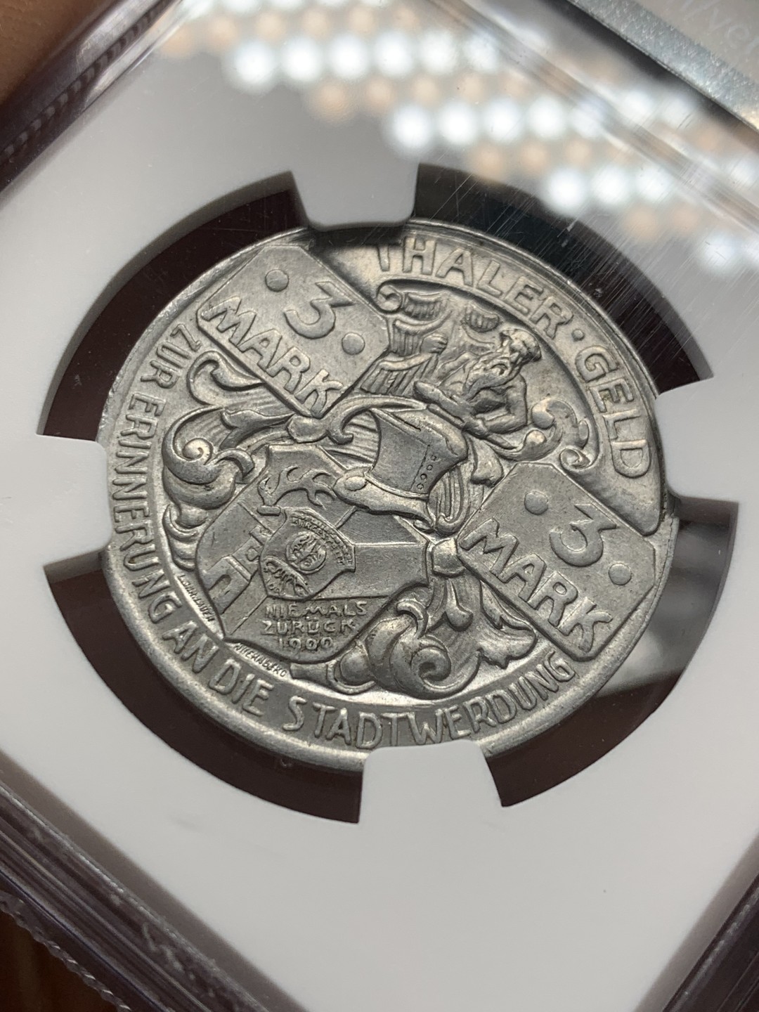 《竞宝斋》第125场-周日，周一 ，2场连拍（全场包邮） NGC-MS64  德国 1921 塔勒哈兹 铝制3马克 德紧名誉品
