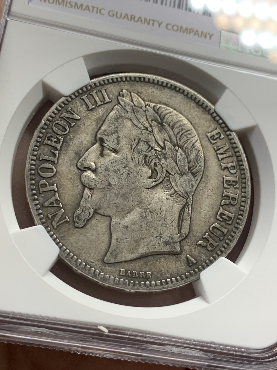 《竞宝斋》第125场-周日，周一 ，2场连拍（全场包邮） NGC AU50 法国 1868年 拿三 5法郎银币 原味包浆