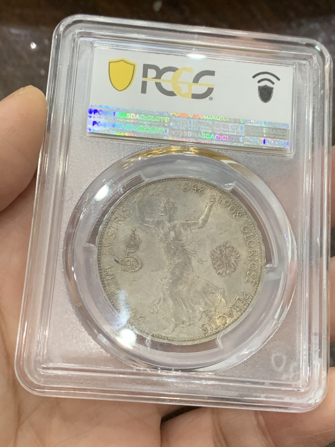 《竞宝斋》第125场-周日，周一 ，2场连拍（全场包邮） PCGS MS63奥地利 1908年 5克朗 弗朗茨在位60周年 奔跑的女人 奥匈经典上涨品种