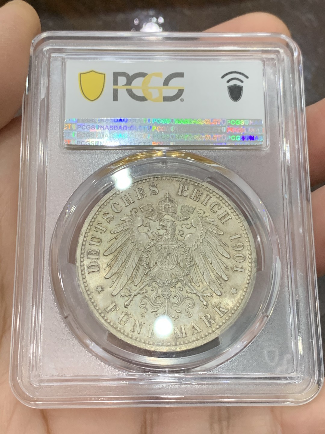 《竞宝斋》第125场-周日，周一 ，2场连拍（全场包邮） PCGS MS64德国 1901年 5马克 普鲁士建国200周年 经典双头长翅马克 BU品相完美品质
