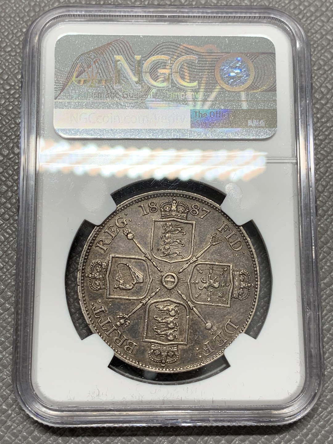 《竞宝斋》第125场-周日，周一 ，2场连拍（全场包邮） NGC AU50 英国1887年维多利亚高冠双弗洛林大银币黑彩阿拉伯体