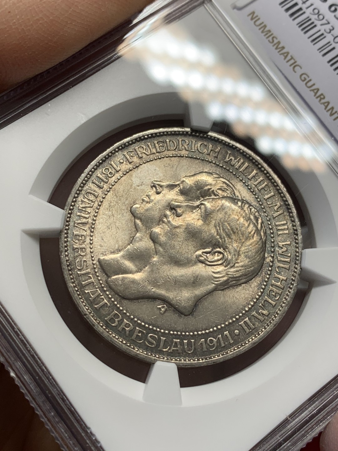 《竞宝斋》第125场-周日，周一 ，2场连拍（全场包邮） NGC-MS63 德国普鲁士1911年布雷斯劳大学纪念3马克银币