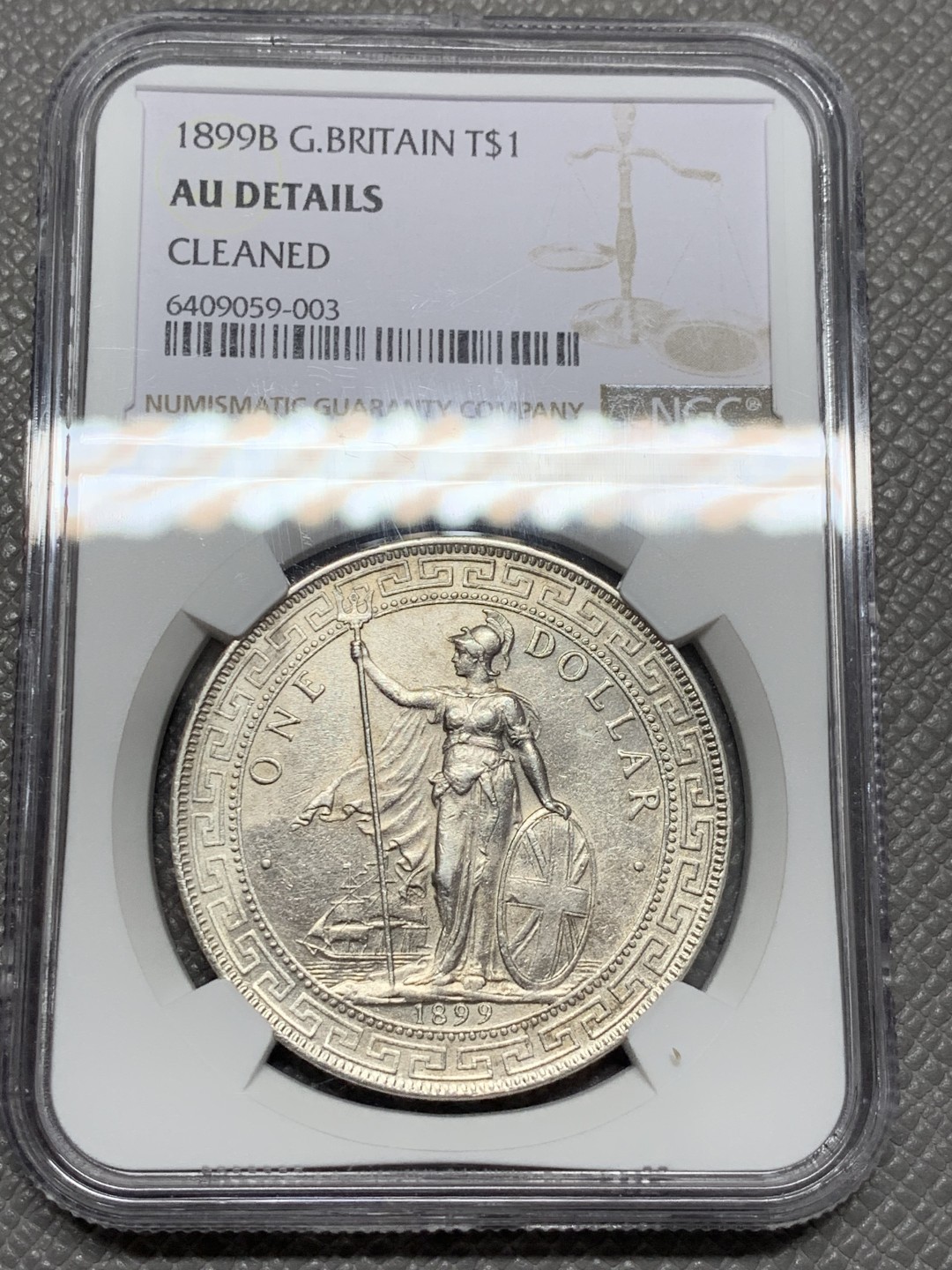 《竞宝斋》第125场-周日，周一 ，2场连拍（全场包邮） NGC AU 英国 贸易银 站人 1899年B版 壹元 银币 细节不错 状态也好 光线足