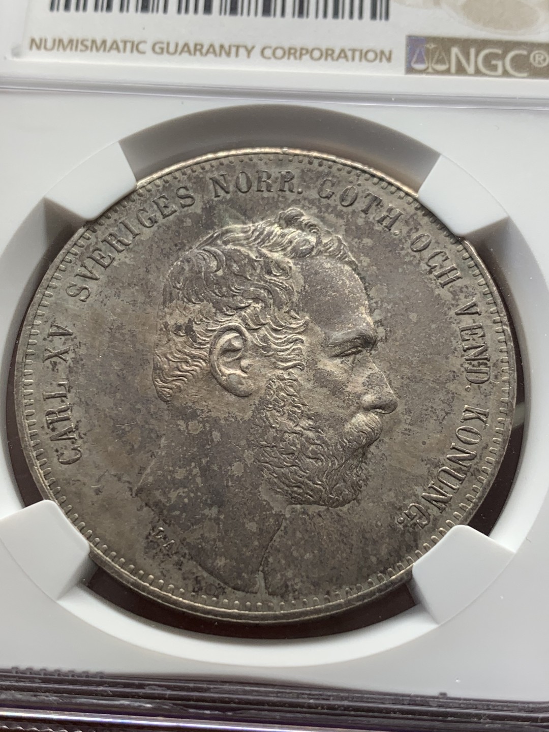 《竞宝斋》第125场-周日，周一 ，2场连拍（全场包邮） NGC MS63 瑞典 1862年 查理十五世 4RD 大银币  34克大规格 首见高分 双面深彩包浆 实物好于图片