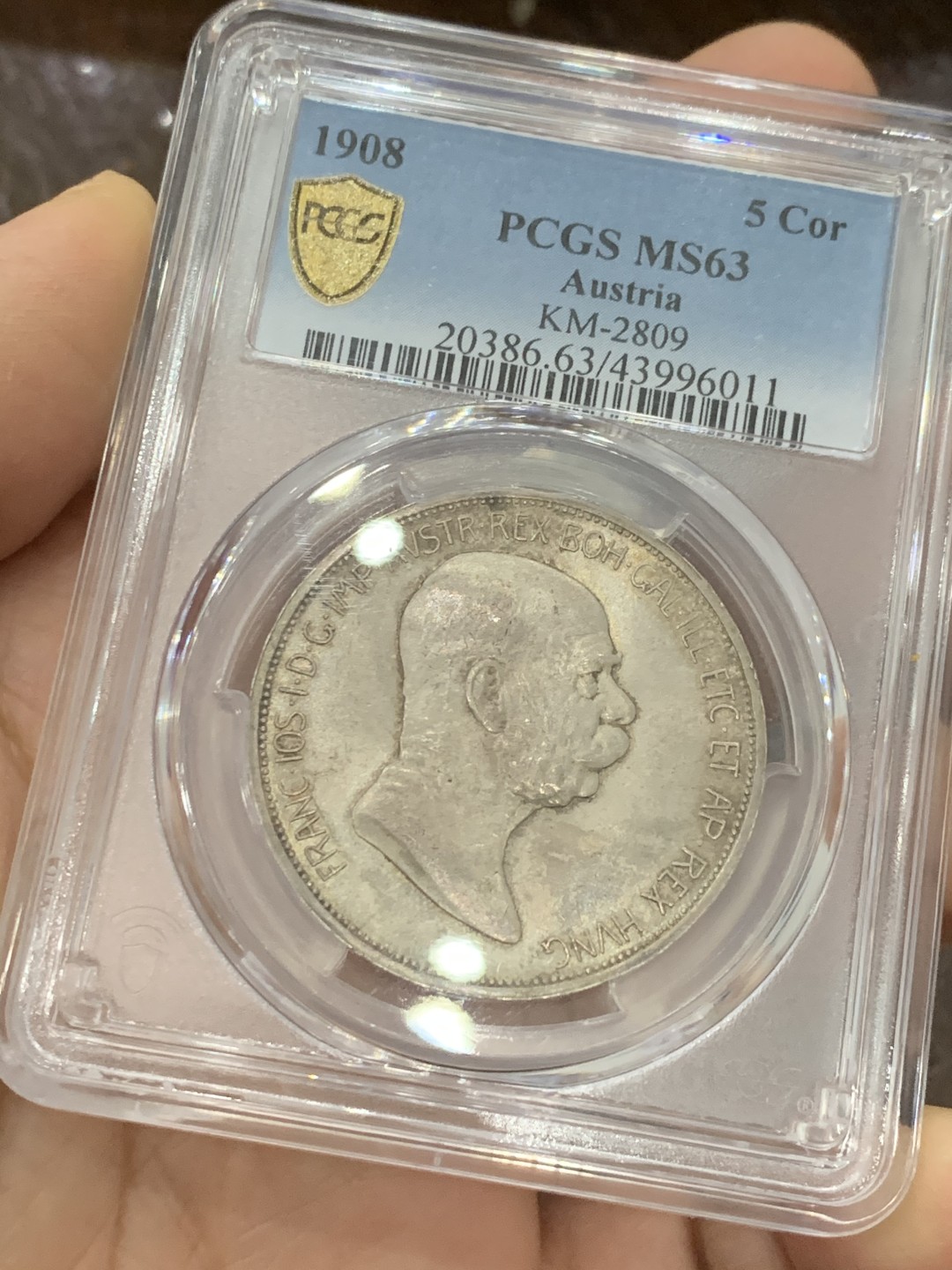 《竞宝斋》第125场-周日，周一 ，2场连拍（全场包邮） PCGS MS63奥地利 1908年 5克朗 弗朗茨在位60周年 奔跑的女人 奥匈经典上涨品种