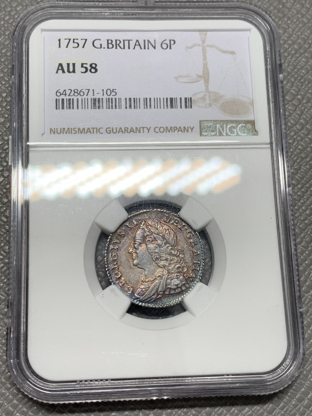 《竞宝斋》第125场-周日，周一 ，2场连拍（全场包邮） NGC AU58 英国1757 乔治二世 6便士 状态细节好
