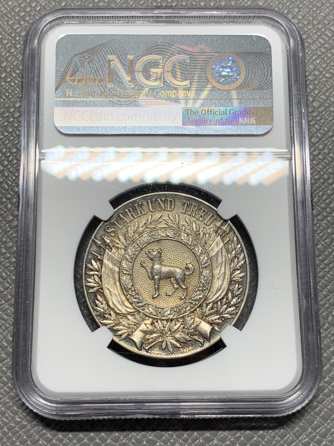 《竞宝斋》第125场-周日，周一 ，2场连拍（全场包邮） NGC-MS64 瑞士1897年射击节 正面天使背狗狗图案 大银章 系列里的难点 非常漂亮