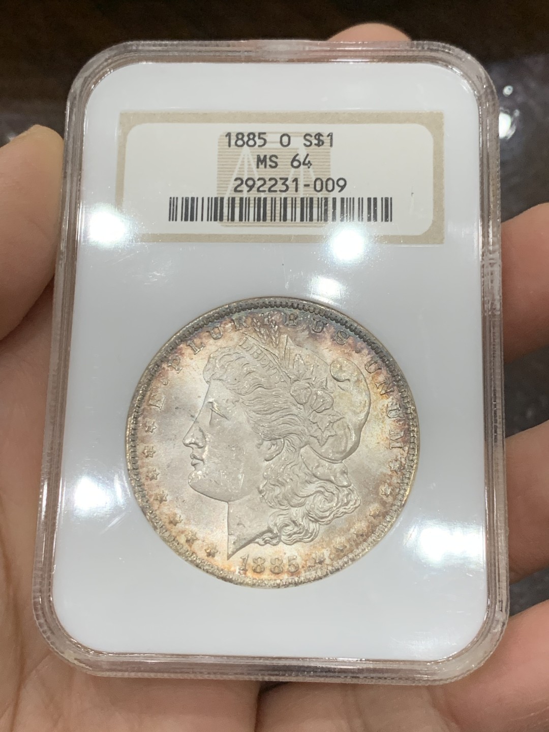 《竞宝斋》第125场-周日，周一 ，2场连拍（全场包邮） NGC MS64 美国1885年 摩根银币 炫丽包浆 十字曝光 值得收藏