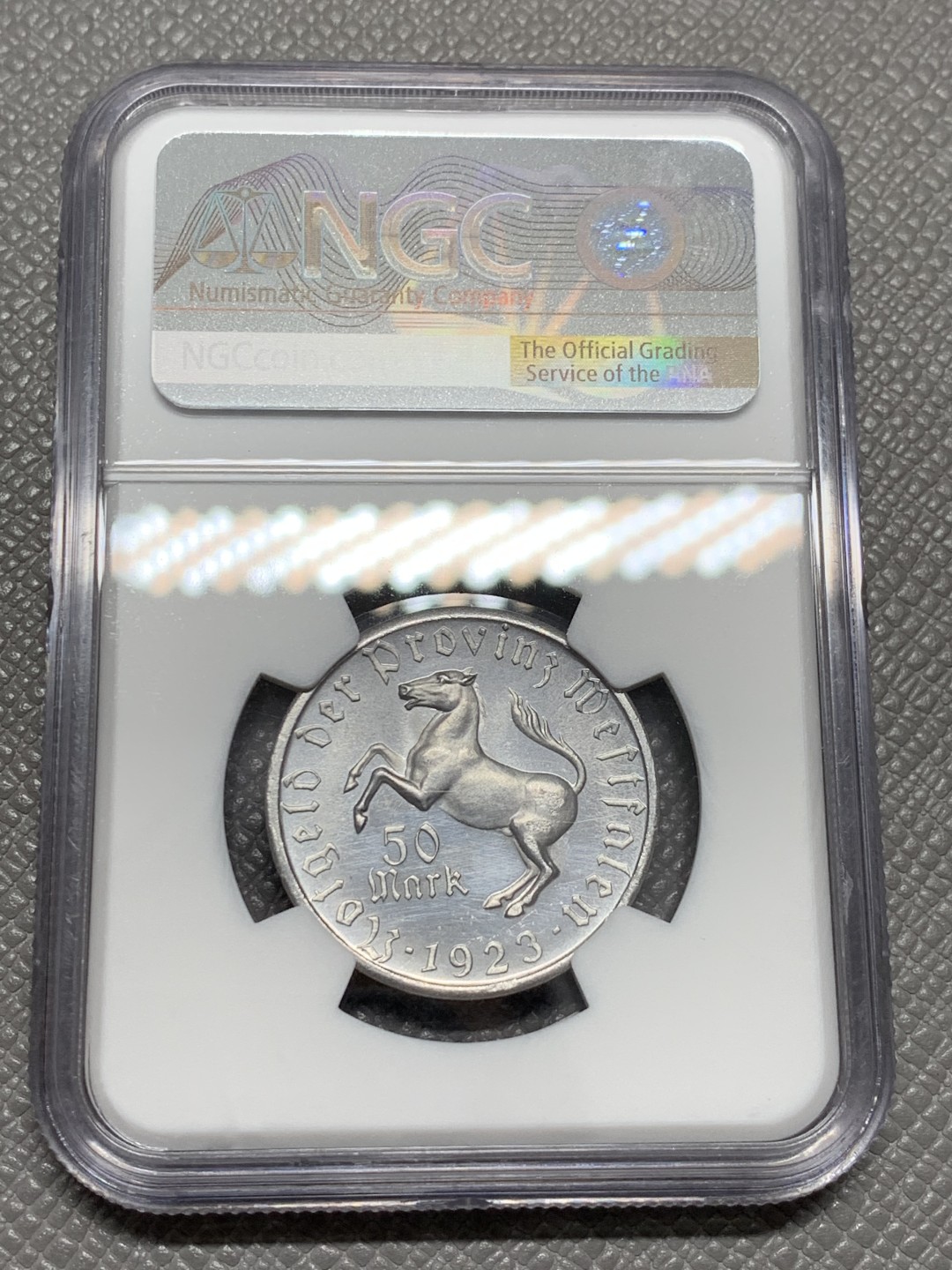 《竞宝斋》第125场-周日，周一 ，2场连拍（全场包邮） NGC UNC  德国1923年 紧急状态 威斯特法伦 50马克妇人铝币 底板镜面感强烈 打制深峻 转光一流 集套必备