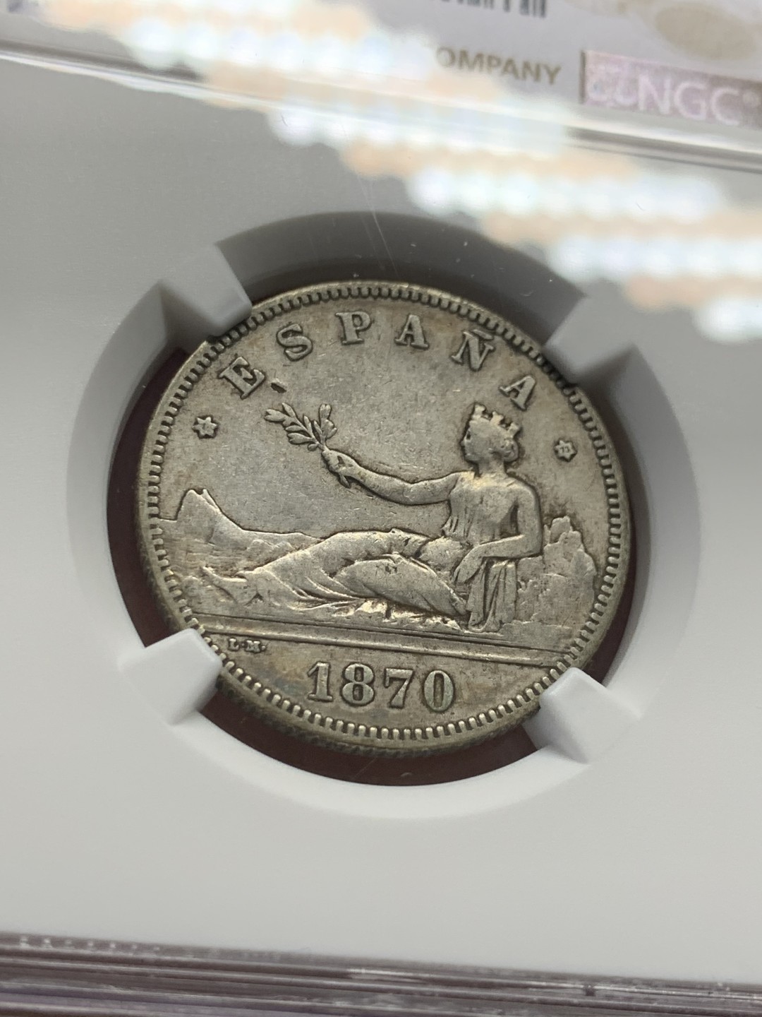 《竞宝斋》第125场-周日，周一 ，2场连拍（全场包邮） NGC-XF 西班牙1870年 坐人双柱 2比塞塔银币 原味好品